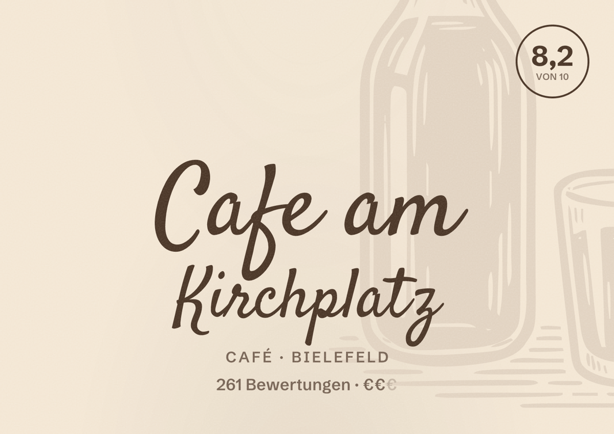 Illustriertes Poster von Cafe am Kirchplatz, Café in Bielefeld: Bewertung 8,2 von 10 aus 261 Bewertungen, Preisniveau €€