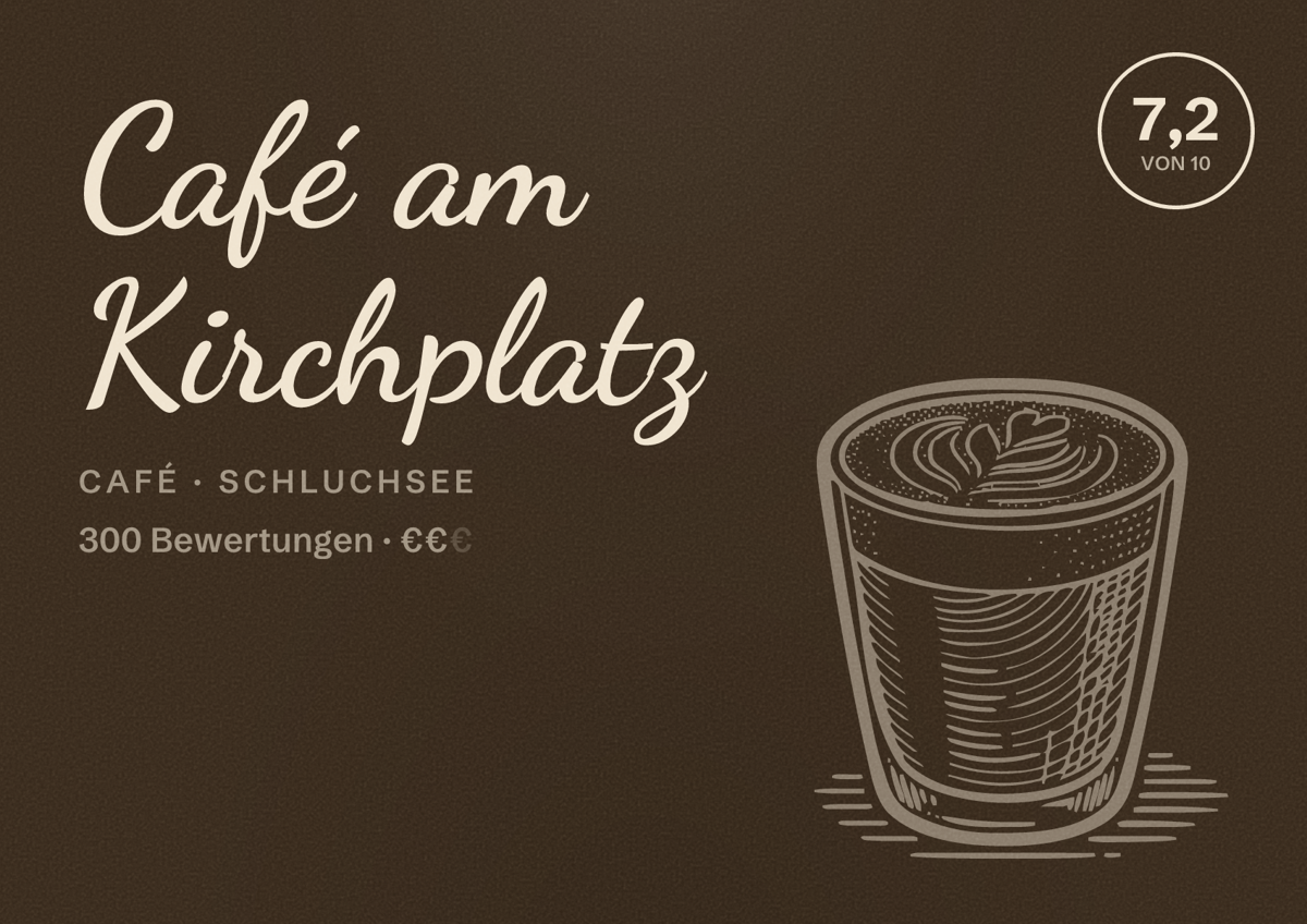 Illustriertes Poster von Café am Kirchplatz, Café in Schluchsee: Bewertung 7,2 von 10 aus 300 Bewertungen, Preisniveau €€
