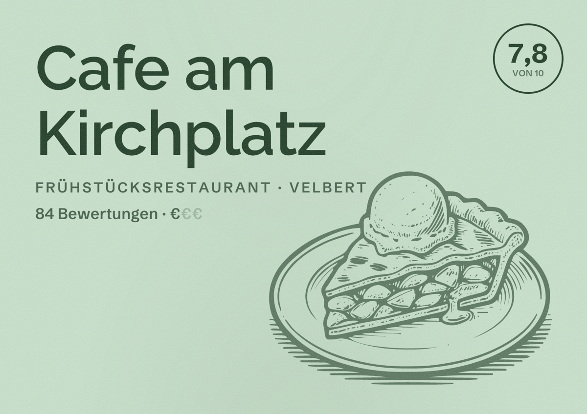 Illustriertes Poster von Cafe am Kirchplatz, Frühstücksrestaurant in Velbert: Bewertung 7,8 von 10 aus 84 Bewertungen, Preisniveau €
