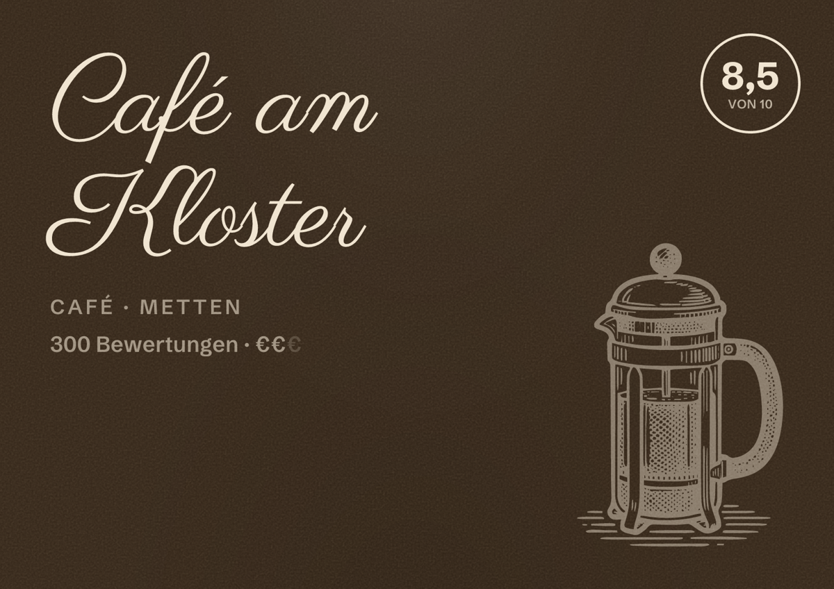Illustriertes Poster von Café am Kloster, Café in Metten: Bewertung 8,5 von 10 aus 300 Bewertungen, Preisniveau €€