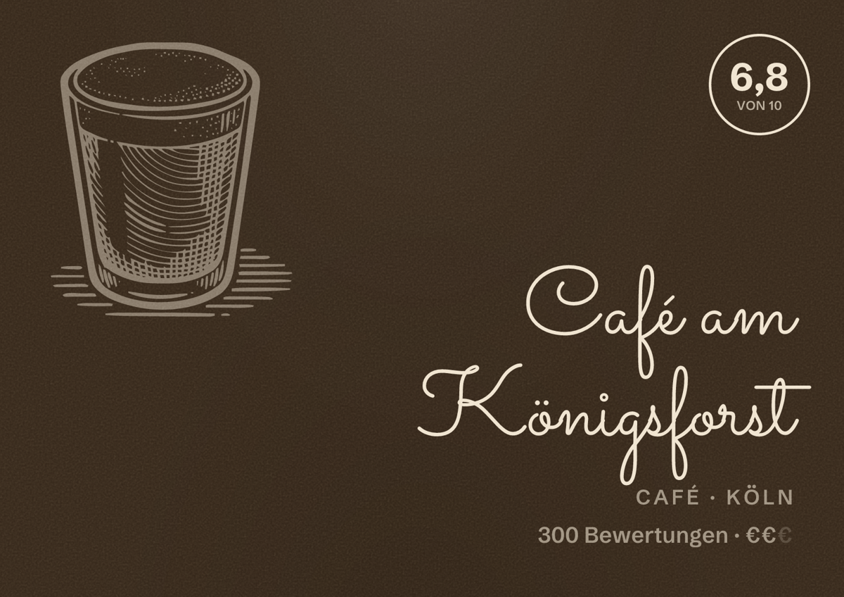 Illustriertes Poster von Café am Königsforst, Café in Köln: Bewertung 6,8 von 10 aus 300 Bewertungen, Preisniveau €€