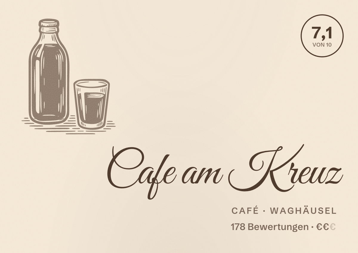 Illustriertes Poster von Cafe am Kreuz, Café in Waghäusel: Bewertung 7,1 von 10 aus 178 Bewertungen, Preisniveau €€