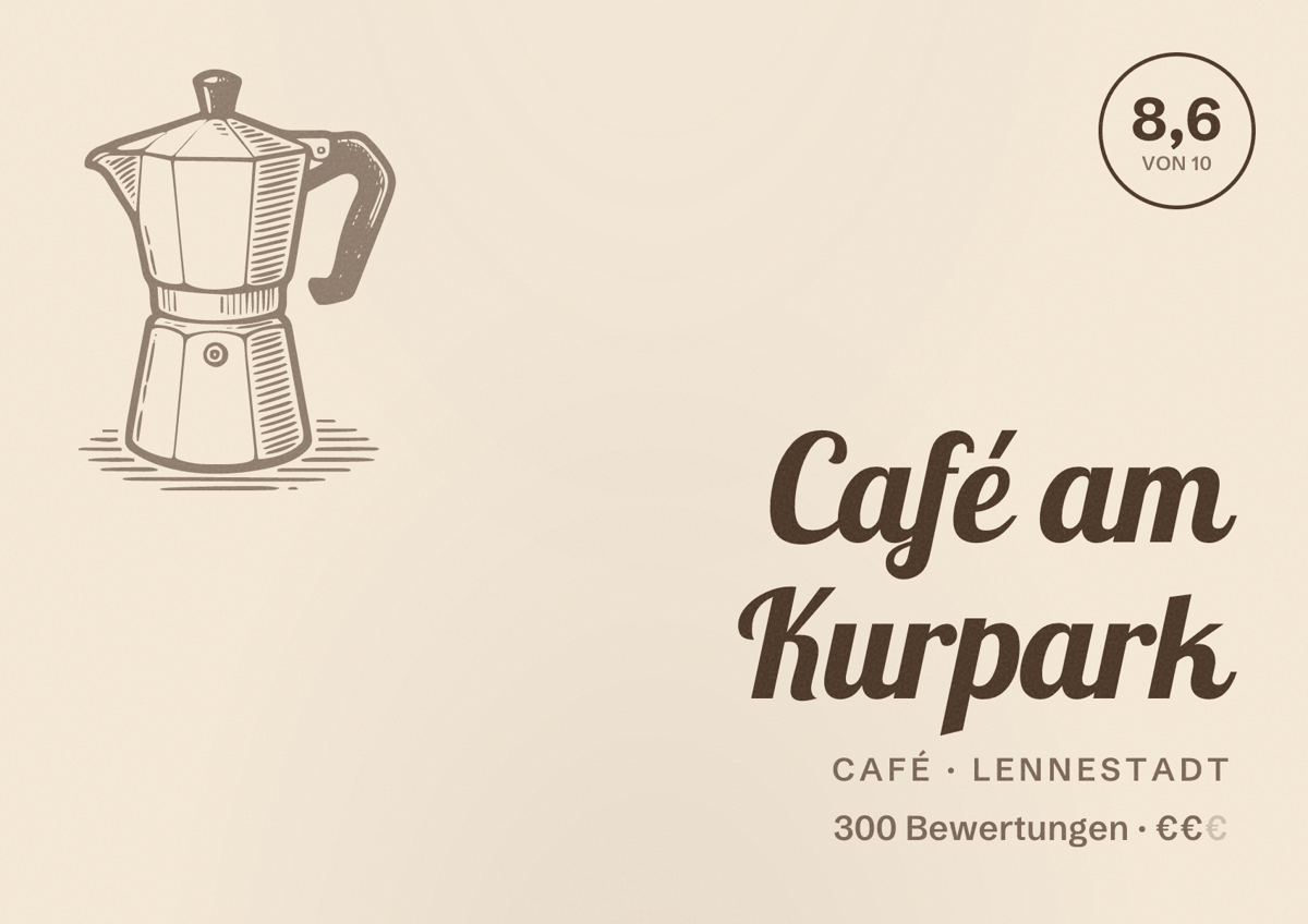 Illustriertes Poster von Café am Kurpark, Café in Lennestadt: Bewertung 8,6 von 10 aus 300 Bewertungen, Preisniveau €€