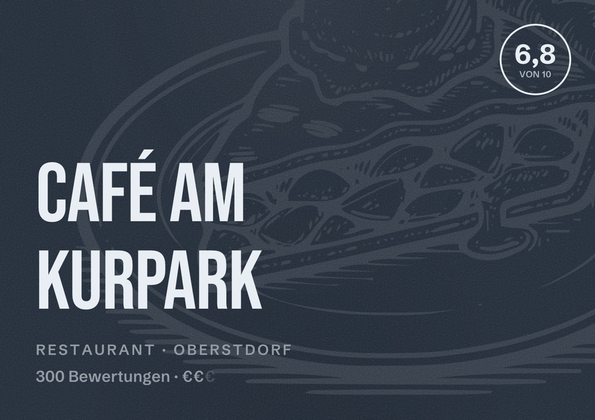 Illustriertes Poster von Café am Kurpark, Restaurant in Oberstdorf: Bewertung 6,8 von 10 aus 300 Bewertungen, Preisniveau €€