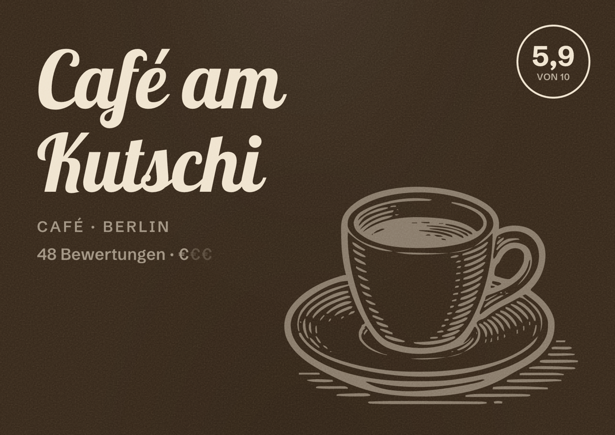 Illustriertes Poster von Café am Kutschi, Café in Berlin: Bewertung 5,9 von 10 aus 48 Bewertungen, Preisniveau €