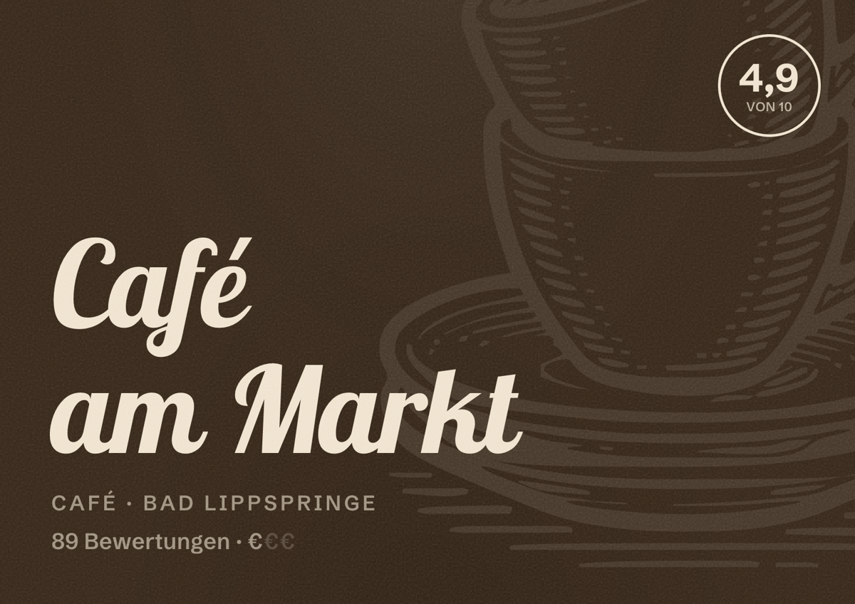 Illustriertes Poster von Café am Markt, Café in Bad Lippspringe: Bewertung 4,9 von 10 aus 89 Bewertungen, Preisniveau €