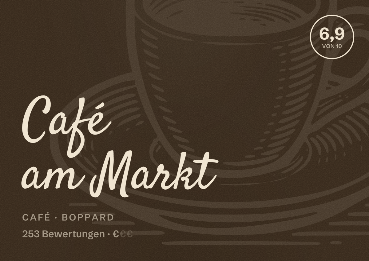 Illustriertes Poster von Café am Markt, Café in Boppard: Bewertung 6,9 von 10 aus 253 Bewertungen, Preisniveau €