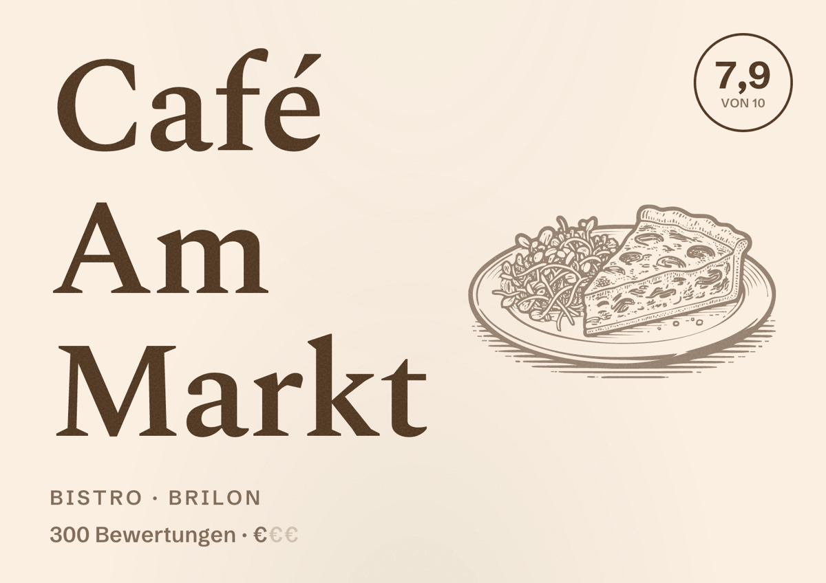 Illustriertes Poster von Café Am Markt, Bistro in Brilon: Bewertung 7,9 von 10 aus 300 Bewertungen, Preisniveau €