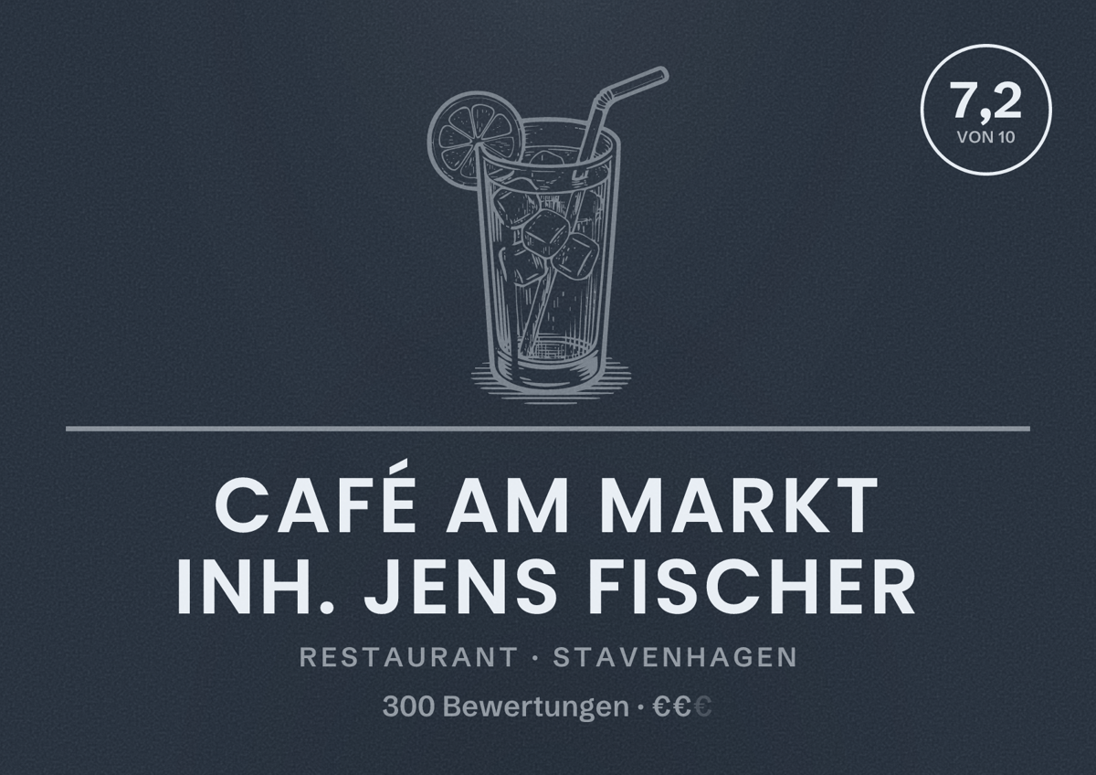 Illustriertes Poster von Café am Markt Inh. Jens Fischer, Restaurant in Stavenhagen: Bewertung 7,2 von 10 aus 300 Bewertungen, Preisniveau €€