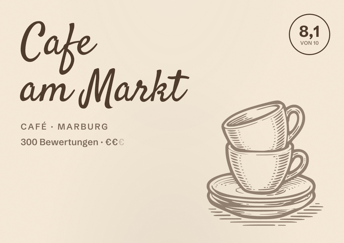 Illustriertes Poster von Cafe am Markt, Café in Marburg: Bewertung 8,1 von 10 aus 300 Bewertungen, Preisniveau €€