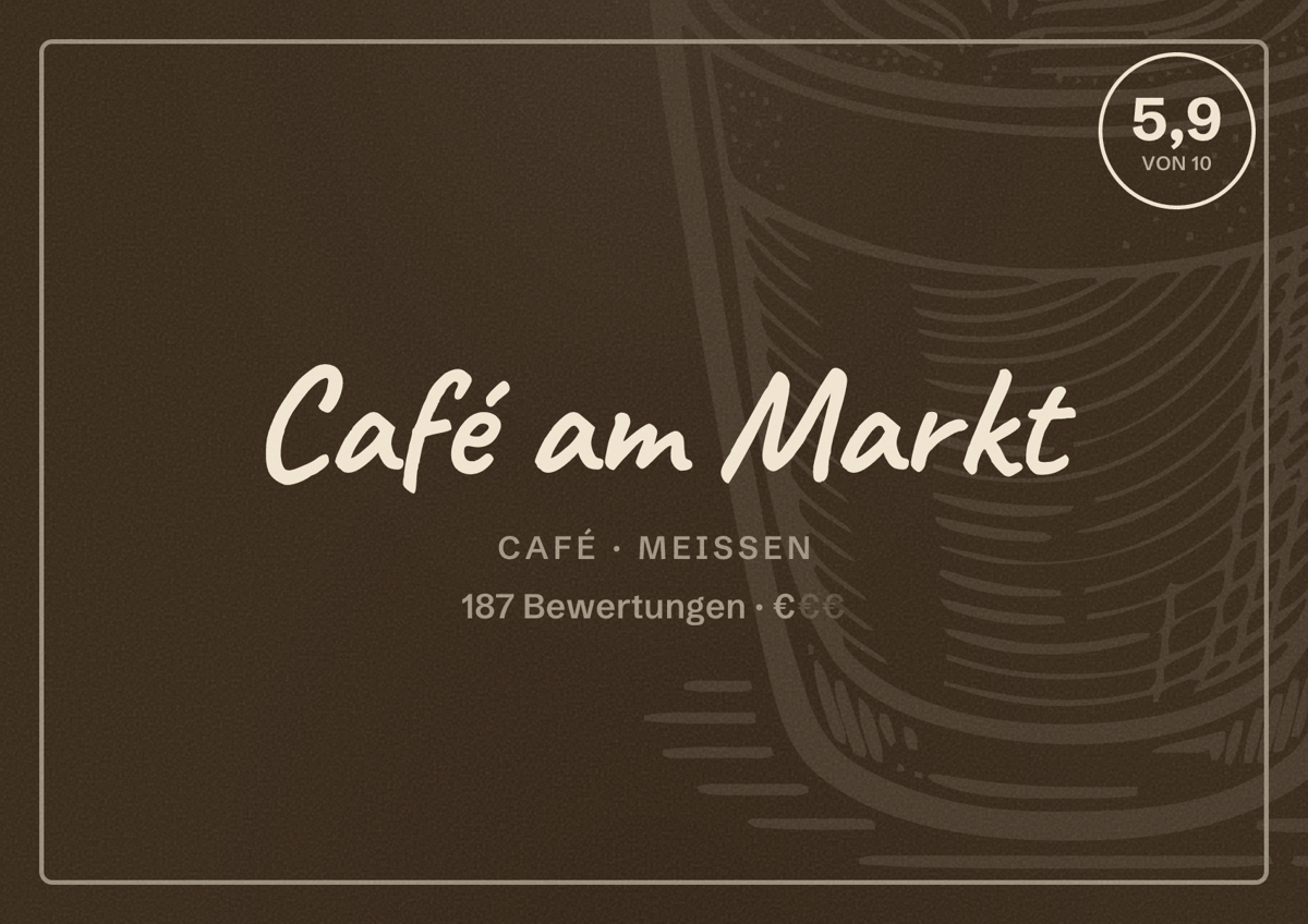 Illustriertes Poster von Café am Markt, Café in Meißen: Bewertung 5,9 von 10 aus 187 Bewertungen, Preisniveau €