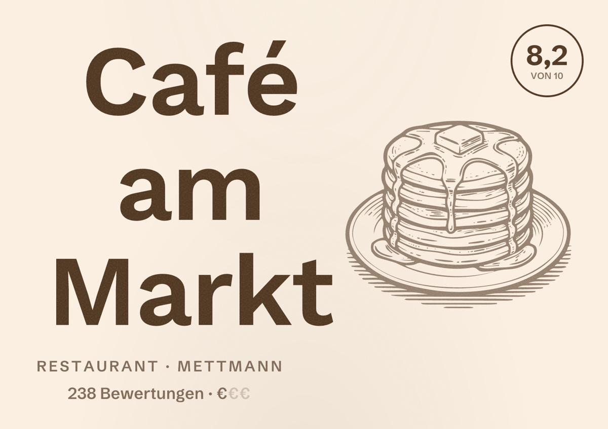 Illustriertes Poster von Café am Markt, Restaurant in Mettmann: Bewertung 8,2 von 10 aus 238 Bewertungen, Preisniveau €