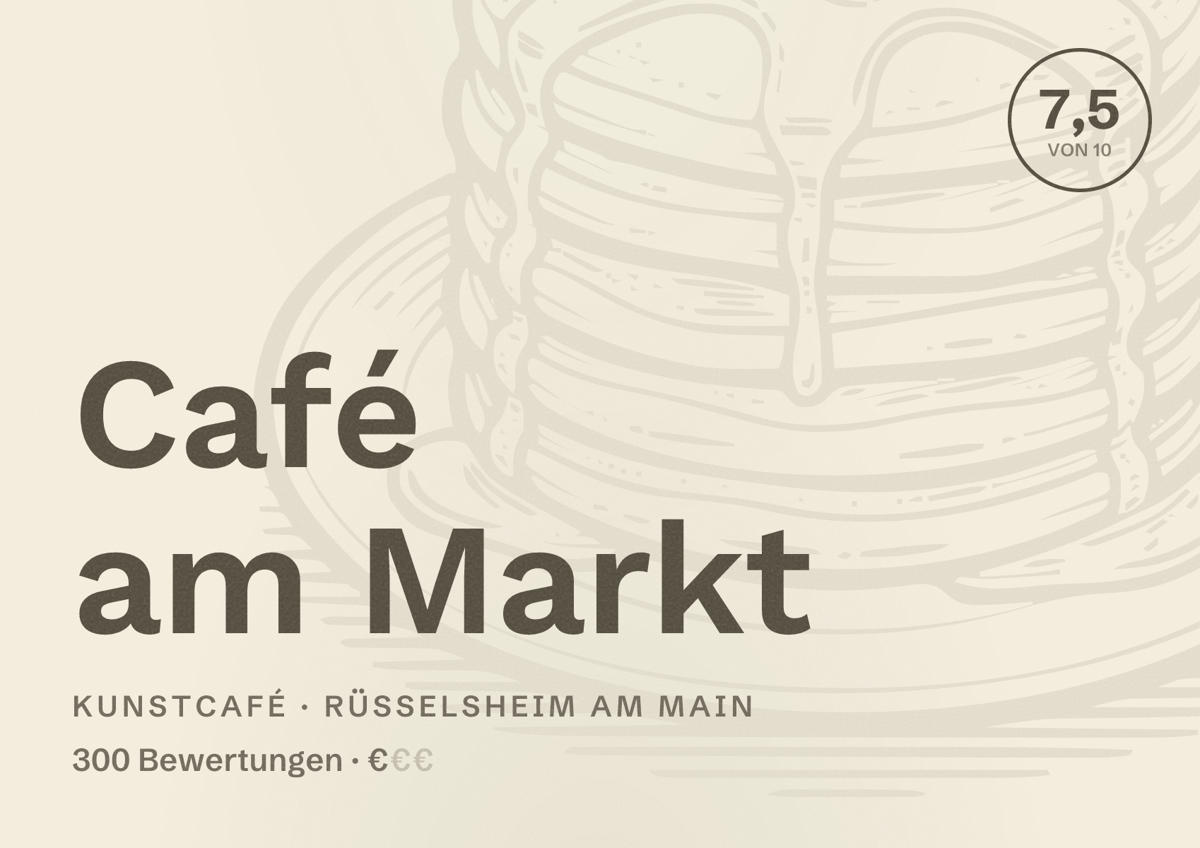 Illustriertes Poster von Café am Markt, Kunstcafé in Rüsselsheim am Main: Bewertung 7,5 von 10 aus 300 Bewertungen, Preisniveau €