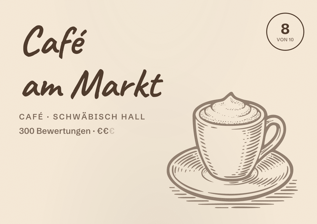 Illustriertes Poster von Café am Markt, Café in Schwäbisch Hall: Bewertung 8 von 10 aus 300 Bewertungen, Preisniveau €€