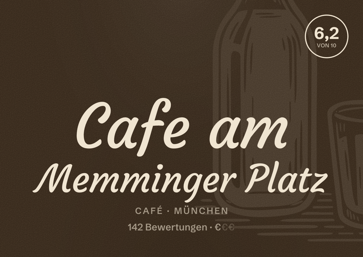 Illustriertes Poster von Cafe am Memminger Platz, Café in München: Bewertung 6,2 von 10 aus 142 Bewertungen, Preisniveau €
