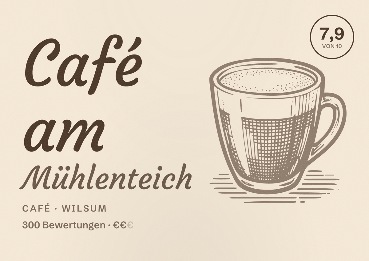 Illustriertes Poster von Café am Mühlenteich, Café in Wilsum: Bewertung 7,9 von 10 aus 300 Bewertungen, Preisniveau €€