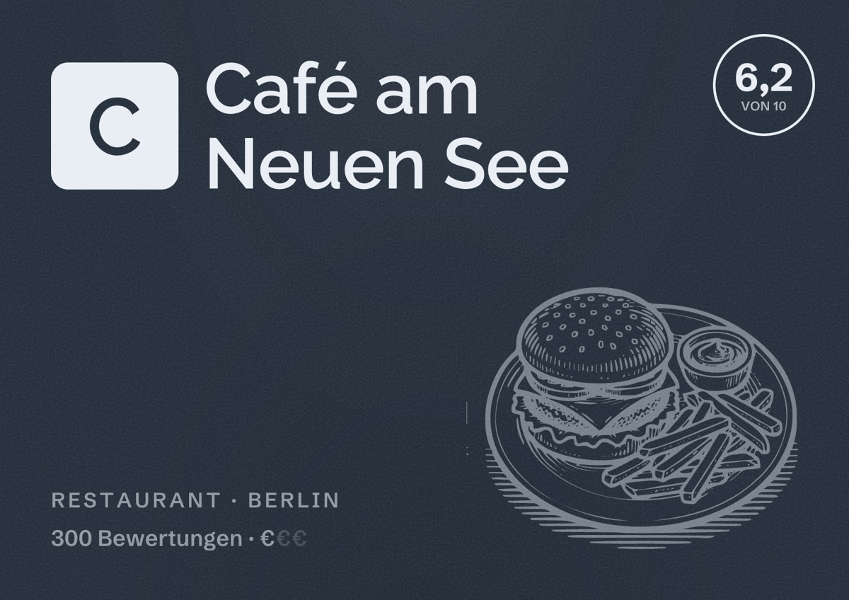 Illustriertes Poster von Café am Neuen See, Restaurant in Berlin: Bewertung 6,2 von 10 aus 300 Bewertungen, Preisniveau €