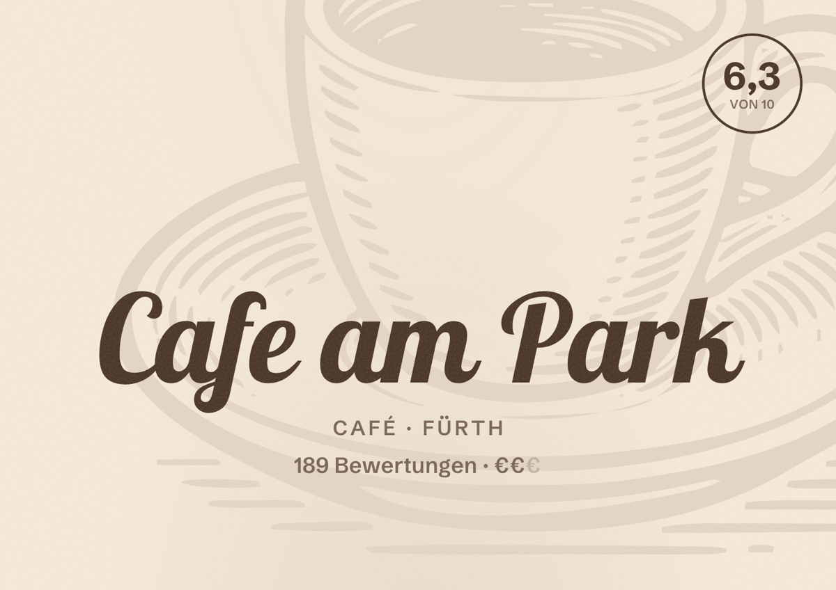 Illustriertes Poster von Cafe am Park, Café in Fürth: Bewertung 6,3 von 10 aus 189 Bewertungen, Preisniveau €€