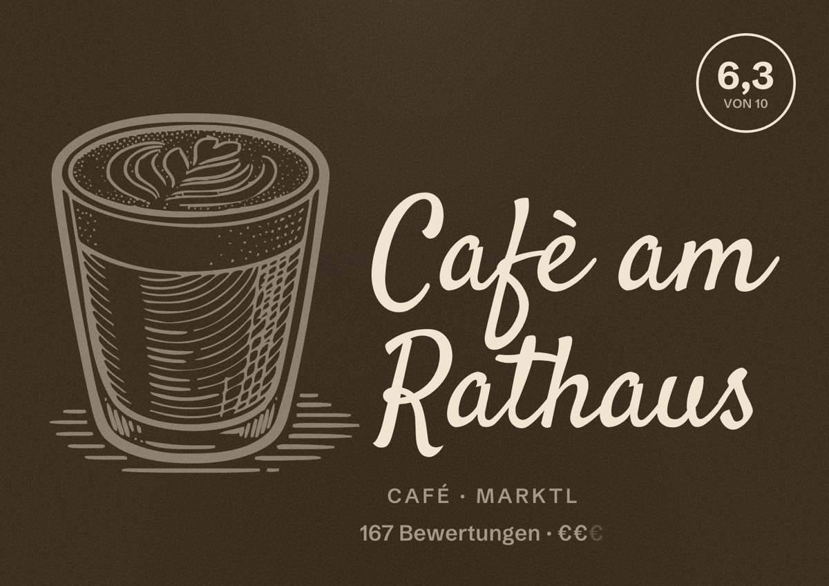 Illustriertes Poster von Cafè am Rathaus, Café in Marktl: Bewertung 6,3 von 10 aus 167 Bewertungen, Preisniveau €€