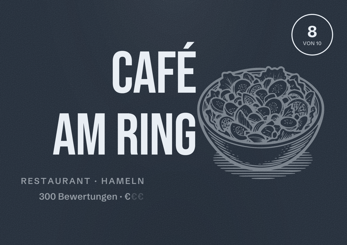 Illustriertes Poster von Café am Ring, Restaurant in Hameln: Bewertung 8 von 10 aus 300 Bewertungen, Preisniveau €