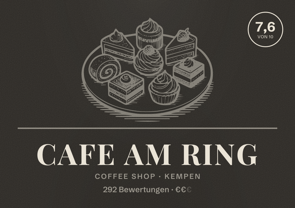 Illustriertes Poster von Cafe am Ring, Coffee Shop in Kempen: Bewertung 7,6 von 10 aus 292 Bewertungen, Preisniveau €€