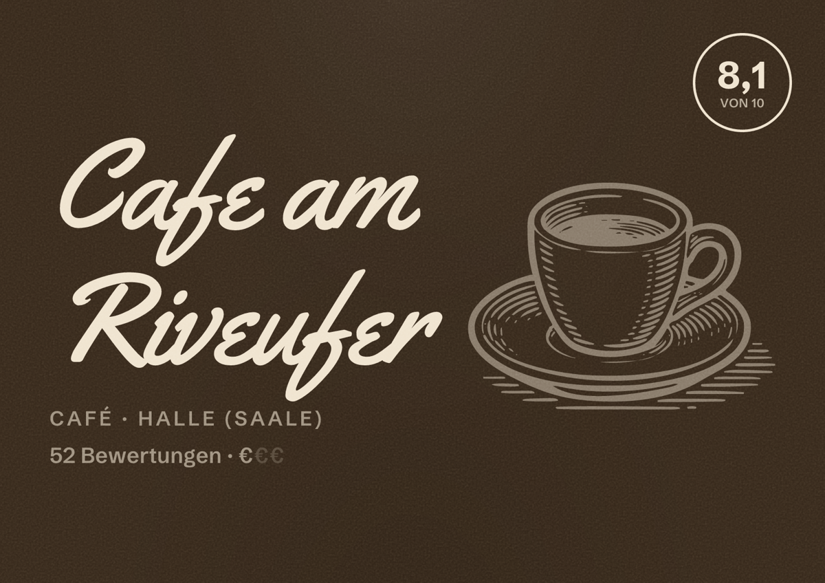 Illustriertes Poster von Cafe am Riveufer, Café in Halle (Saale): Bewertung 8,1 von 10 aus 52 Bewertungen, Preisniveau €