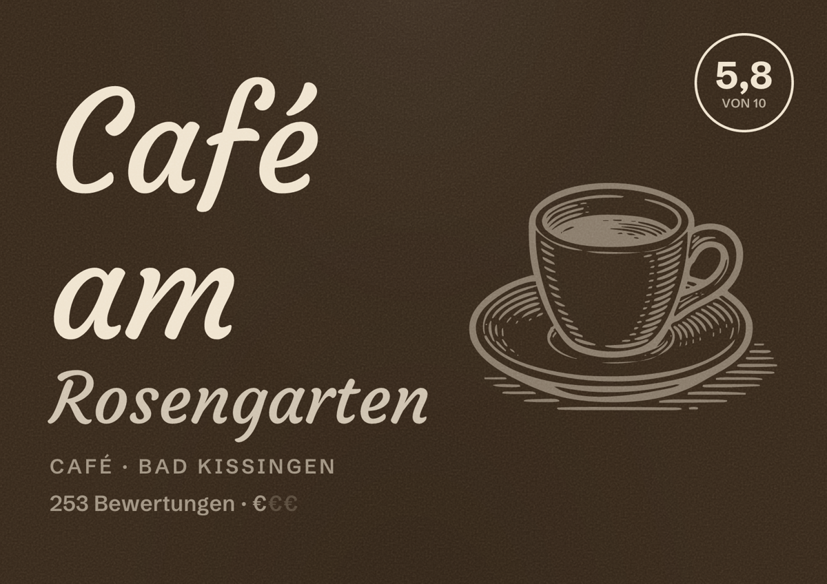 Illustriertes Poster von Café am Rosengarten, Café in Bad Kissingen: Bewertung 5,8 von 10 aus 253 Bewertungen, Preisniveau €