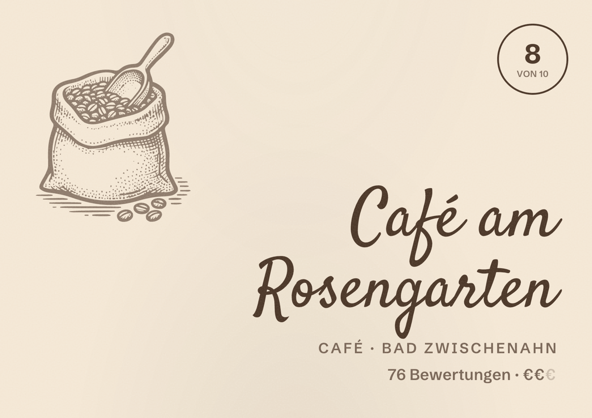Illustriertes Poster von Café am Rosengarten, Café in Bad Zwischenahn: Bewertung 8 von 10 aus 76 Bewertungen, Preisniveau €€