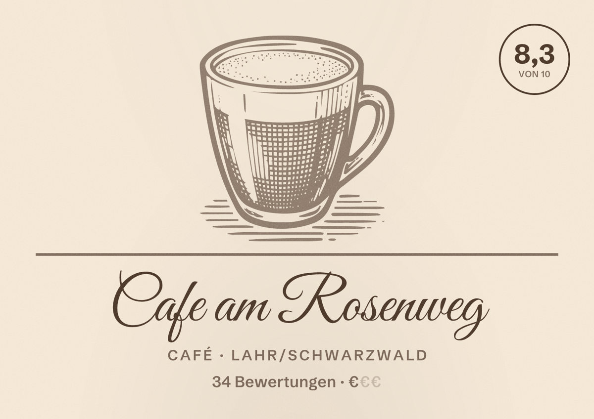 Illustriertes Poster von Cafe am Rosenweg, Café in Lahr/Schwarzwald: Bewertung 8,3 von 10 aus 34 Bewertungen, Preisniveau €