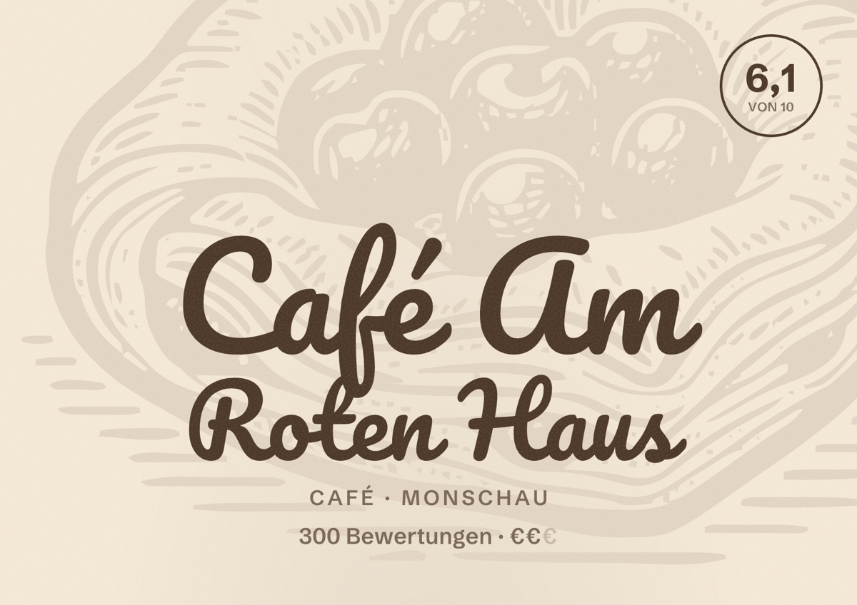 Illustriertes Poster von Café Am Roten Haus, Café in Monschau: Bewertung 6,1 von 10 aus 300 Bewertungen, Preisniveau €€