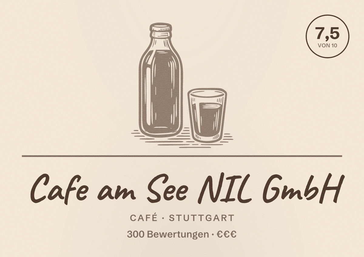 Illustriertes Poster von Cafe am See NIL GmbH, Café in Stuttgart: Bewertung 7,5 von 10 aus 300 Bewertungen, Preisniveau €€€
