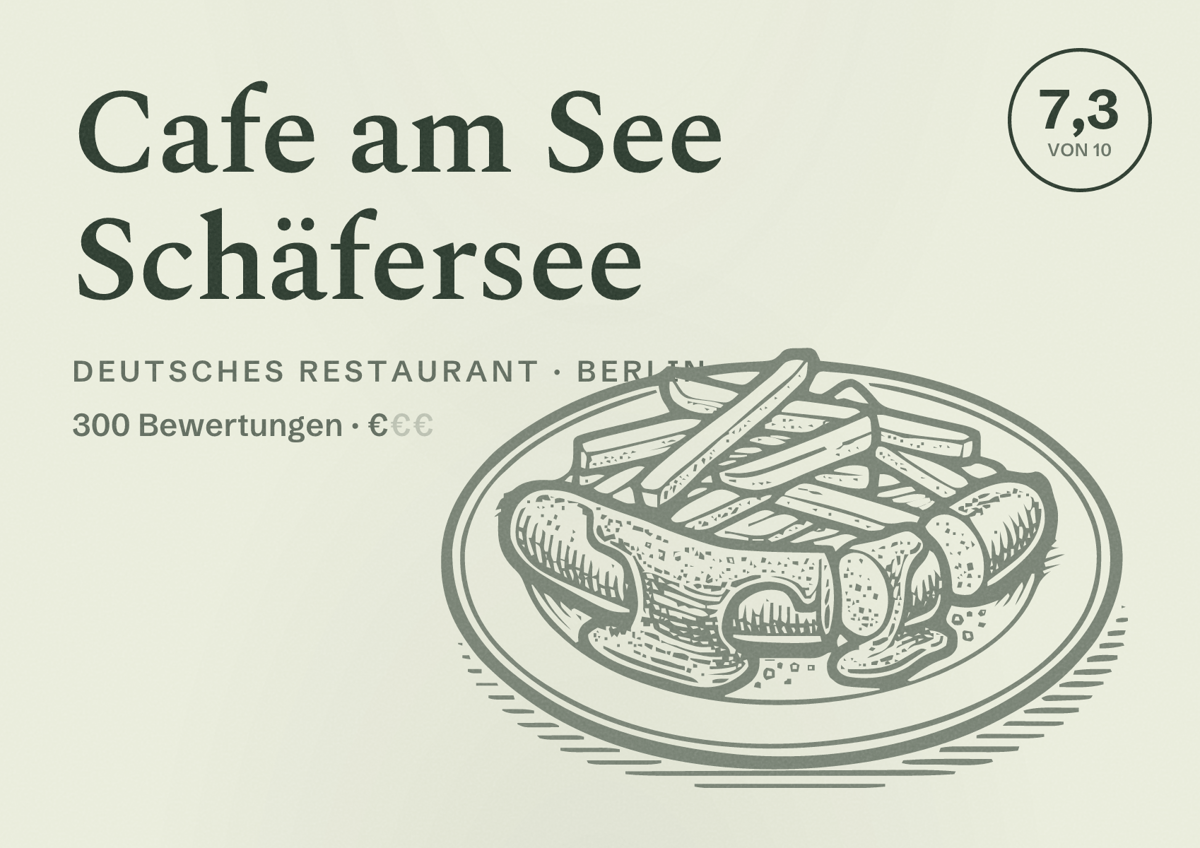 Illustriertes Poster von Cafe am See Schäfersee, Deutsches Restaurant in Berlin: Bewertung 7,3 von 10 aus 300 Bewertungen, Preisniveau €