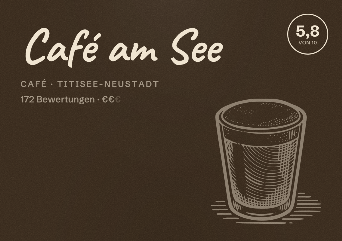 Illustriertes Poster von Café am See, Café in Titisee-Neustadt: Bewertung 5,8 von 10 aus 172 Bewertungen, Preisniveau €€