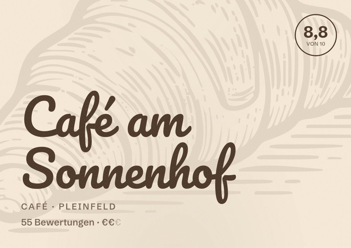 Illustriertes Poster von Café am Sonnenhof, Café in Pleinfeld: Bewertung 8,8 von 10 aus 55 Bewertungen, Preisniveau €€