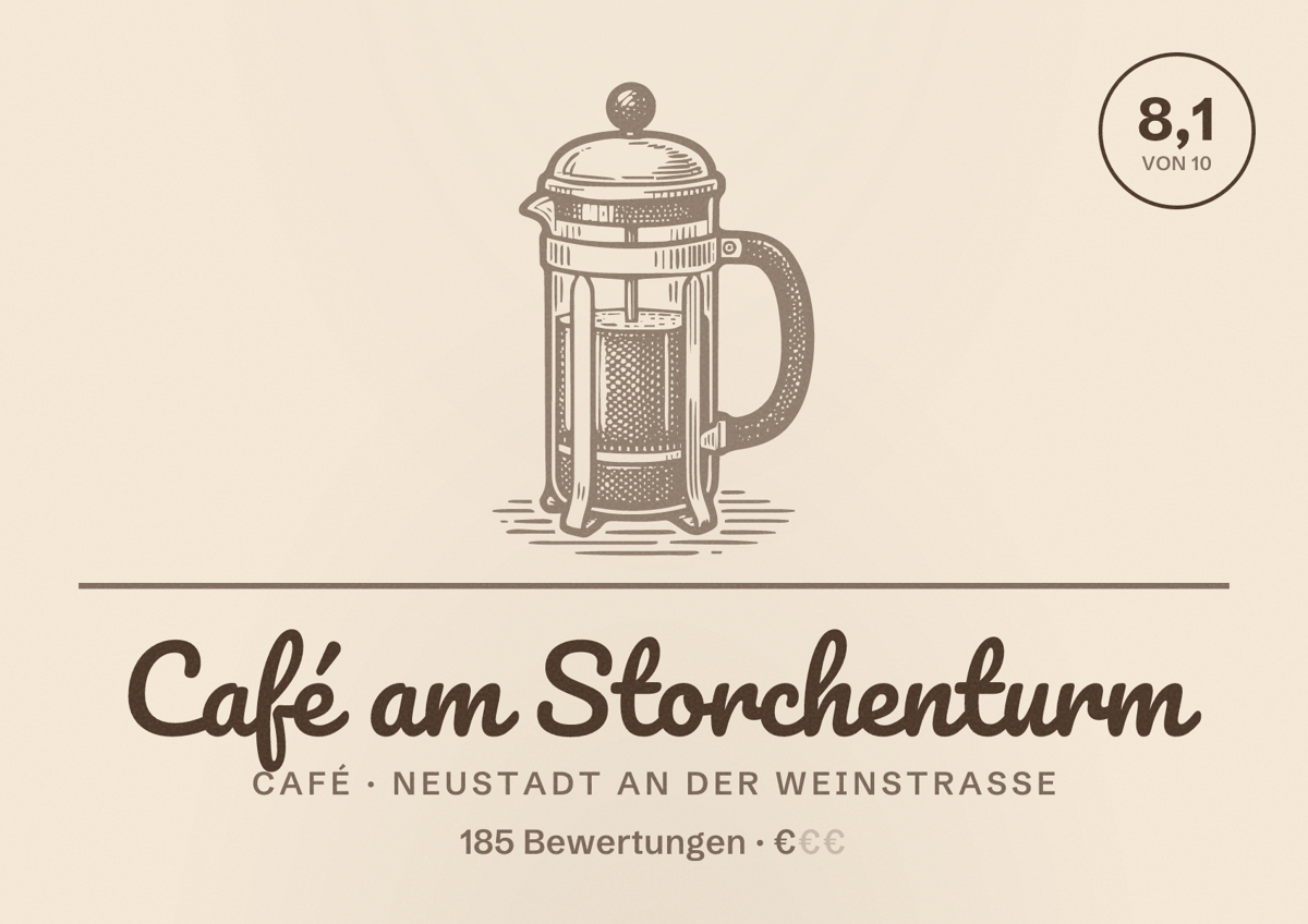 Illustriertes Poster von Café am Storchenturm, Café in Neustadt an der Weinstraße: Bewertung 8,1 von 10 aus 185 Bewertungen, Preisniveau €