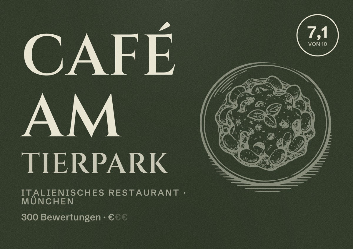Illustriertes Poster von Café am Tierpark, Italienisches Restaurant in München: Bewertung 7,1 von 10 aus 300 Bewertungen, Preisniveau €