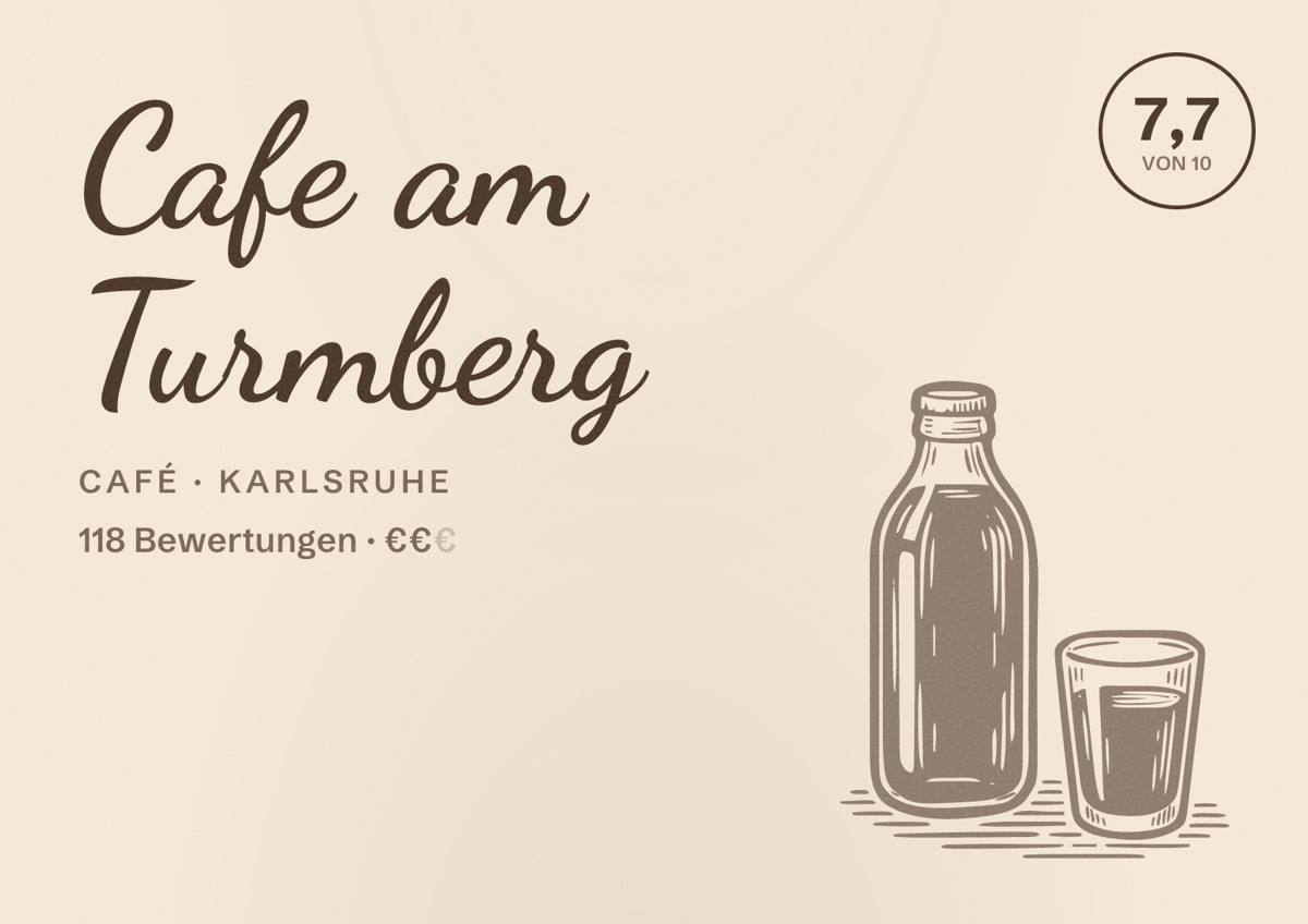Illustriertes Poster von Cafe am Turmberg, Café in Karlsruhe: Bewertung 7,7 von 10 aus 118 Bewertungen, Preisniveau €€