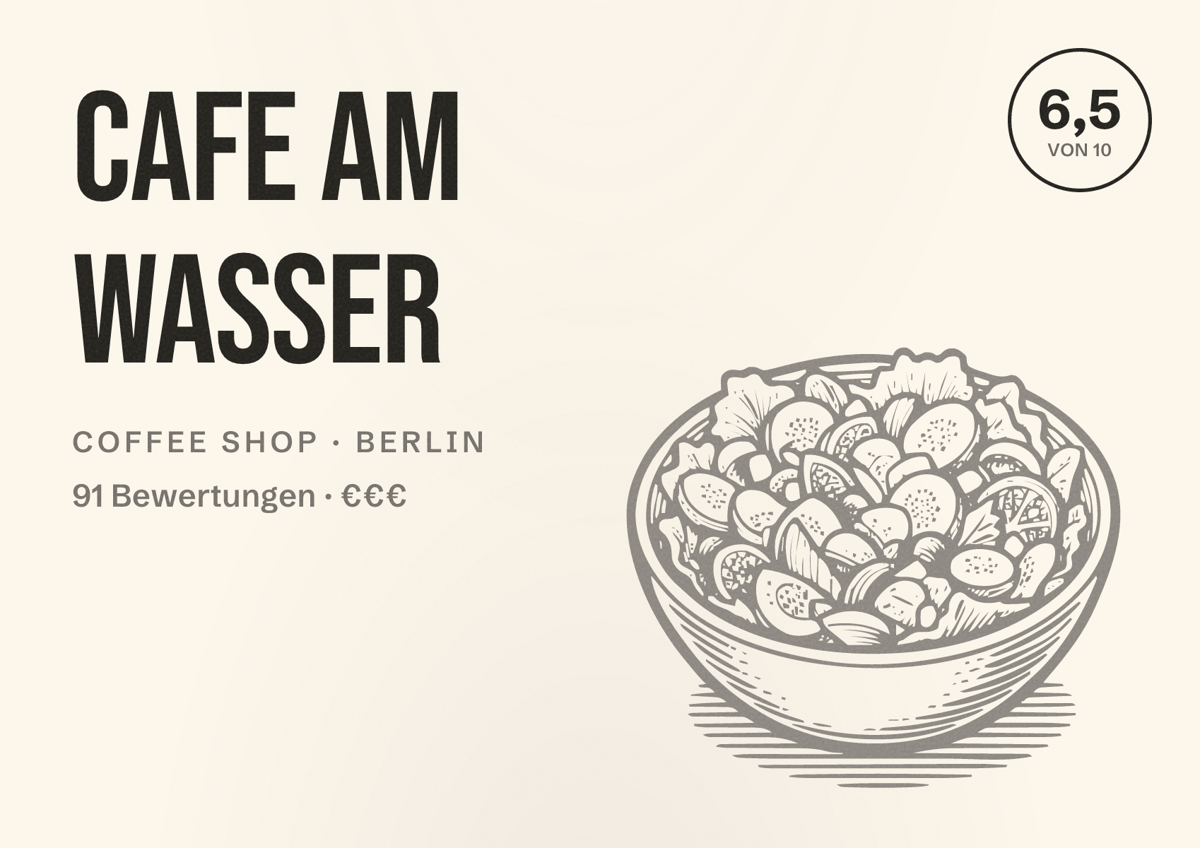 Illustriertes Poster von Cafe am Wasser, Coffee Shop in Berlin: Bewertung 6,5 von 10 aus 91 Bewertungen, Preisniveau €€€