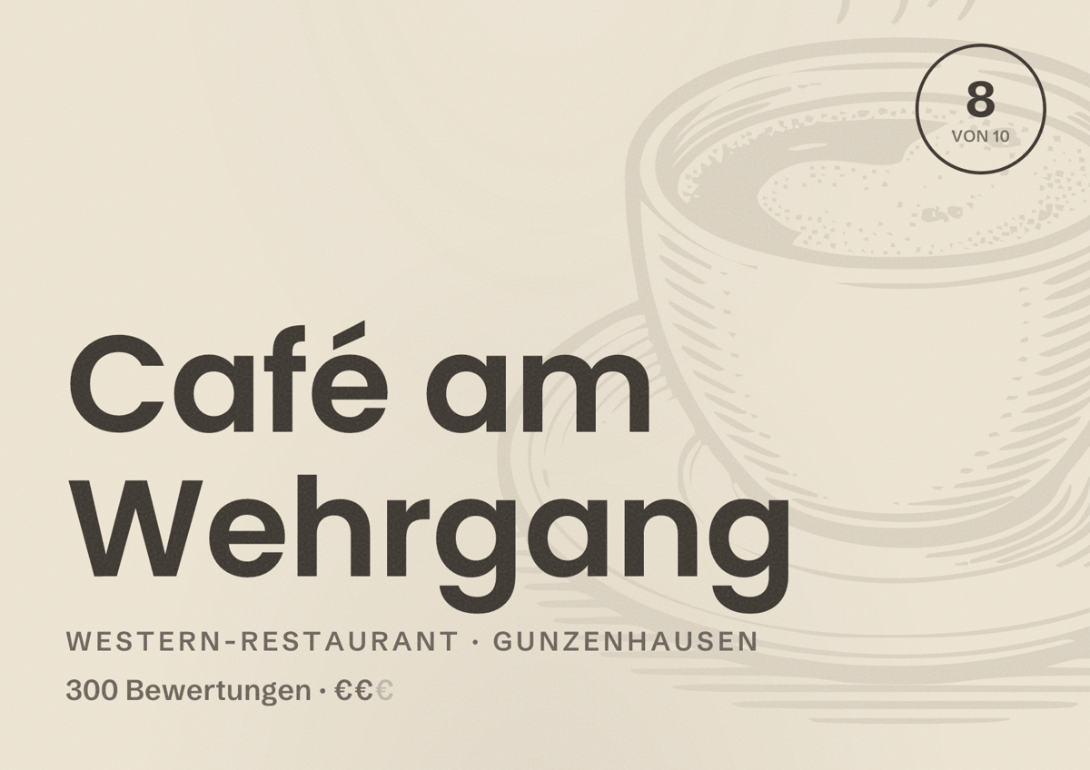 Illustriertes Poster von Café am Wehrgang, Western-Restaurant in Gunzenhausen: Bewertung 8 von 10 aus 300 Bewertungen, Preisniveau €€