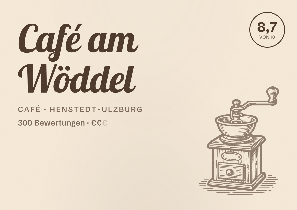 Illustriertes Poster von Café am Wöddel, Café in Henstedt-Ulzburg: Bewertung 8,7 von 10 aus 300 Bewertungen, Preisniveau €€