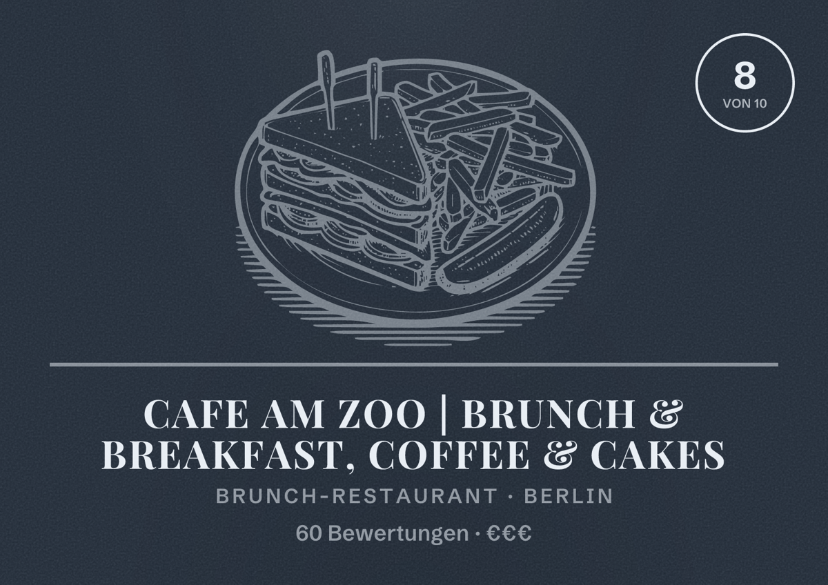 Illustriertes Poster von Cafe am Zoo | Brunch & Breakfast, Coffee & Cakes, Brunch-Restaurant in Berlin: Bewertung 8 von 10 aus 60 Bewertungen, Preisniveau €€€