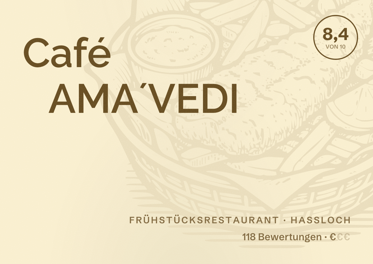 Illustriertes Poster von Café AMA´VEDI, Frühstücksrestaurant in Haßloch: Bewertung 8,4 von 10 aus 118 Bewertungen, Preisniveau €