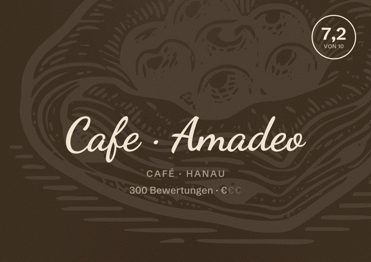 Illustriertes Poster von Cafe Amadeo, Café in Hanau: Bewertung 7,2 von 10 aus 300 Bewertungen, Preisniveau €