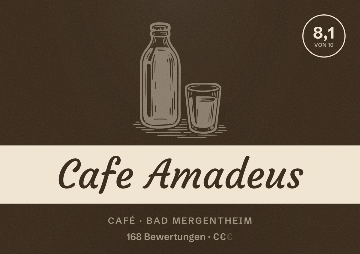 Illustriertes Poster von Cafe Amadeus, Café in Bad Mergentheim: Bewertung 8,1 von 10 aus 168 Bewertungen, Preisniveau €€