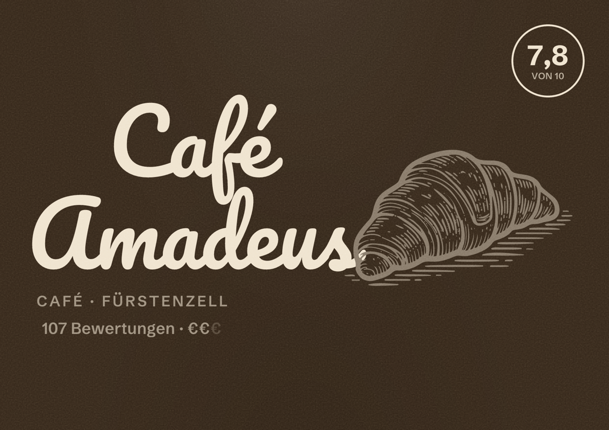 Illustriertes Poster von Café Amadeus, Café in Fürstenzell: Bewertung 7,8 von 10 aus 107 Bewertungen, Preisniveau €€