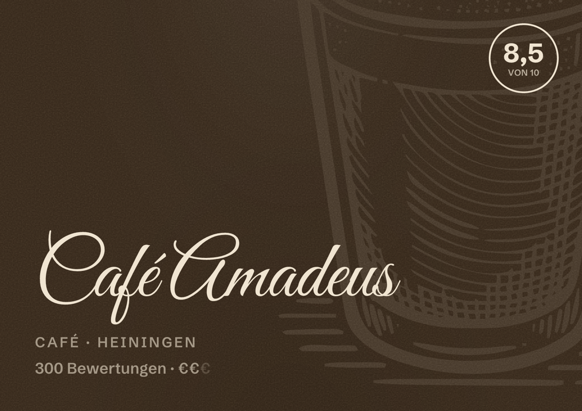 Illustriertes Poster von Café Amadeus, Café in Heiningen: Bewertung 8,5 von 10 aus 300 Bewertungen, Preisniveau €€