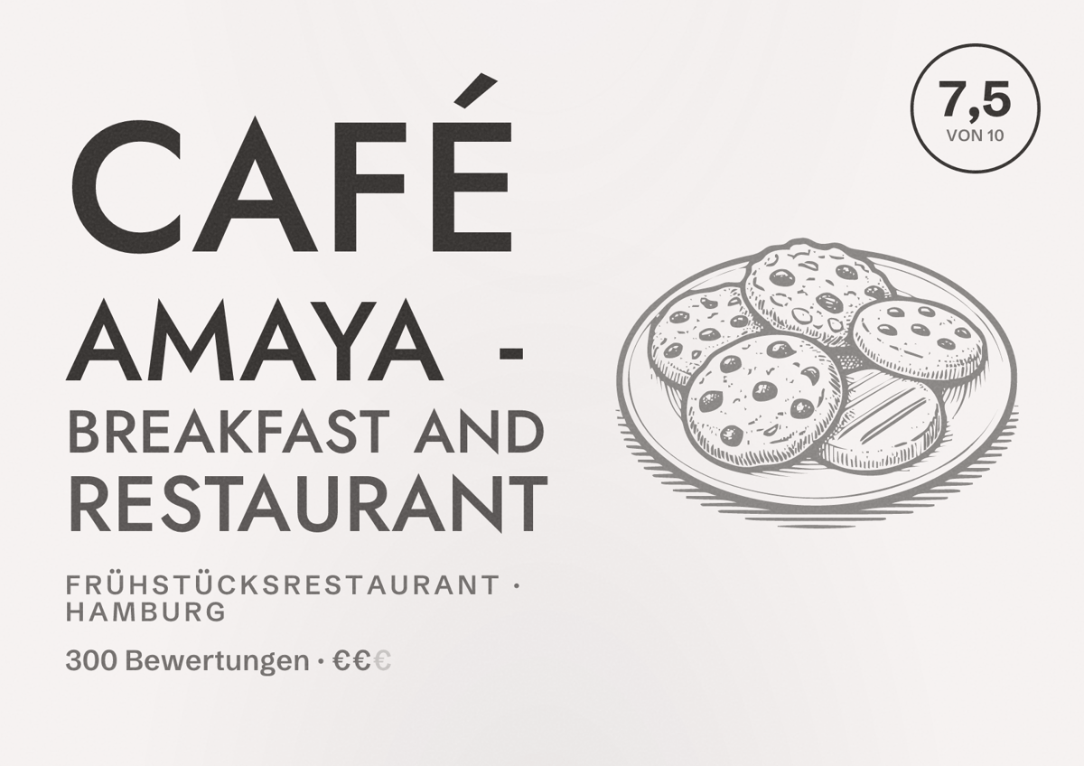 Illustriertes Poster von Café Amaya - Breakfast and Restaurant, Frühstücksrestaurant in Hamburg: Bewertung 7,5 von 10 aus 300 Bewertungen, Preisniveau €€