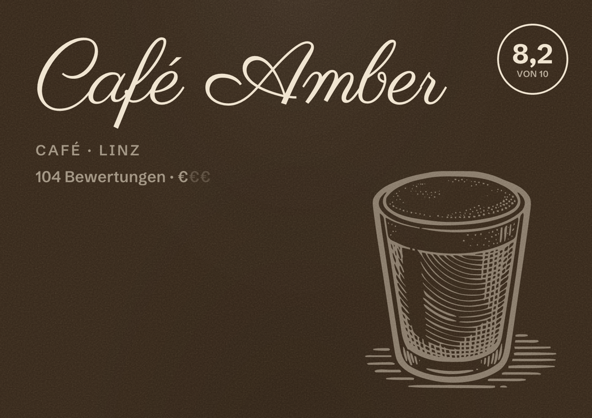 Illustriertes Poster von Café Amber, Café in Linz: Bewertung 8,2 von 10 aus 104 Bewertungen, Preisniveau €