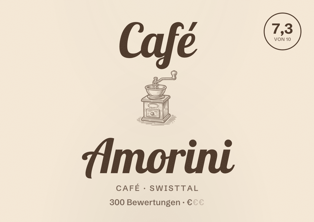 Illustriertes Poster von Café Amorini, Café in Swisttal: Bewertung 7,3 von 10 aus 300 Bewertungen, Preisniveau €