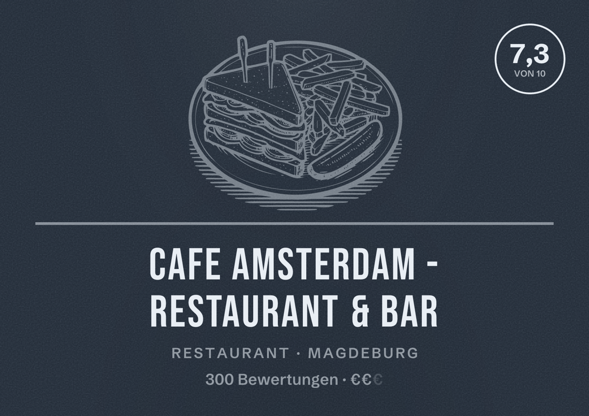 Illustriertes Poster von Cafe Amsterdam - Restaurant & Bar, Restaurant in Magdeburg: Bewertung 7,3 von 10 aus 300 Bewertungen, Preisniveau €€